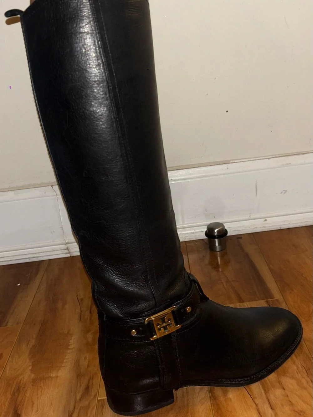 Tory Burch Black Leather Over-the-Knee Boots with Gold Logo Buckle